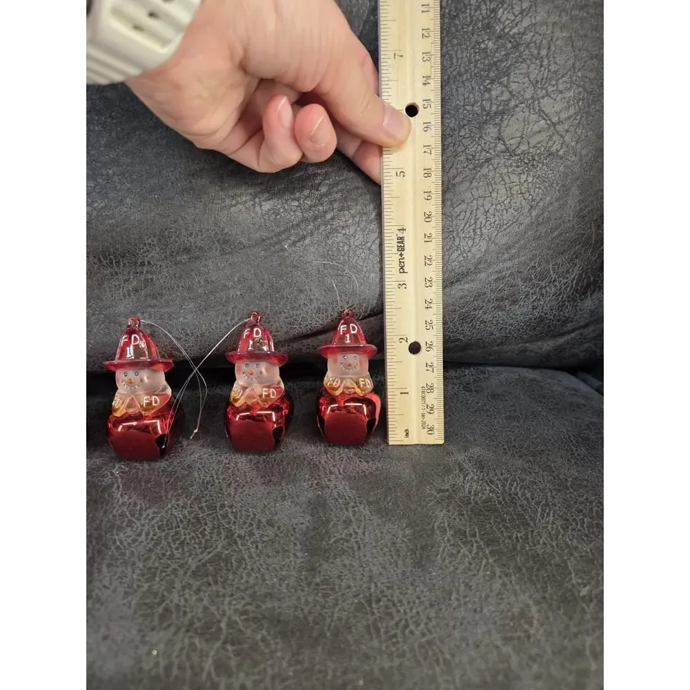 Lot of 6 Vintage Firefighter Snowman Jingle Bell Ornaments Red Metal FD 1...